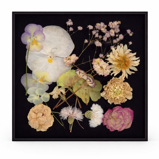 Zachte lichte kleuren geperste eetbare bloemen, voor bruidstaarten